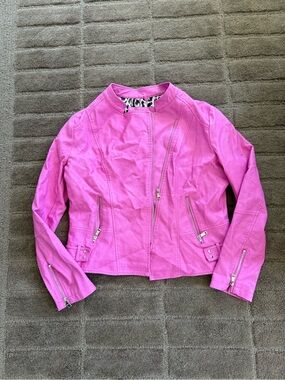 Feminine Pink Moto Faux Leather Jacket with Zip Details